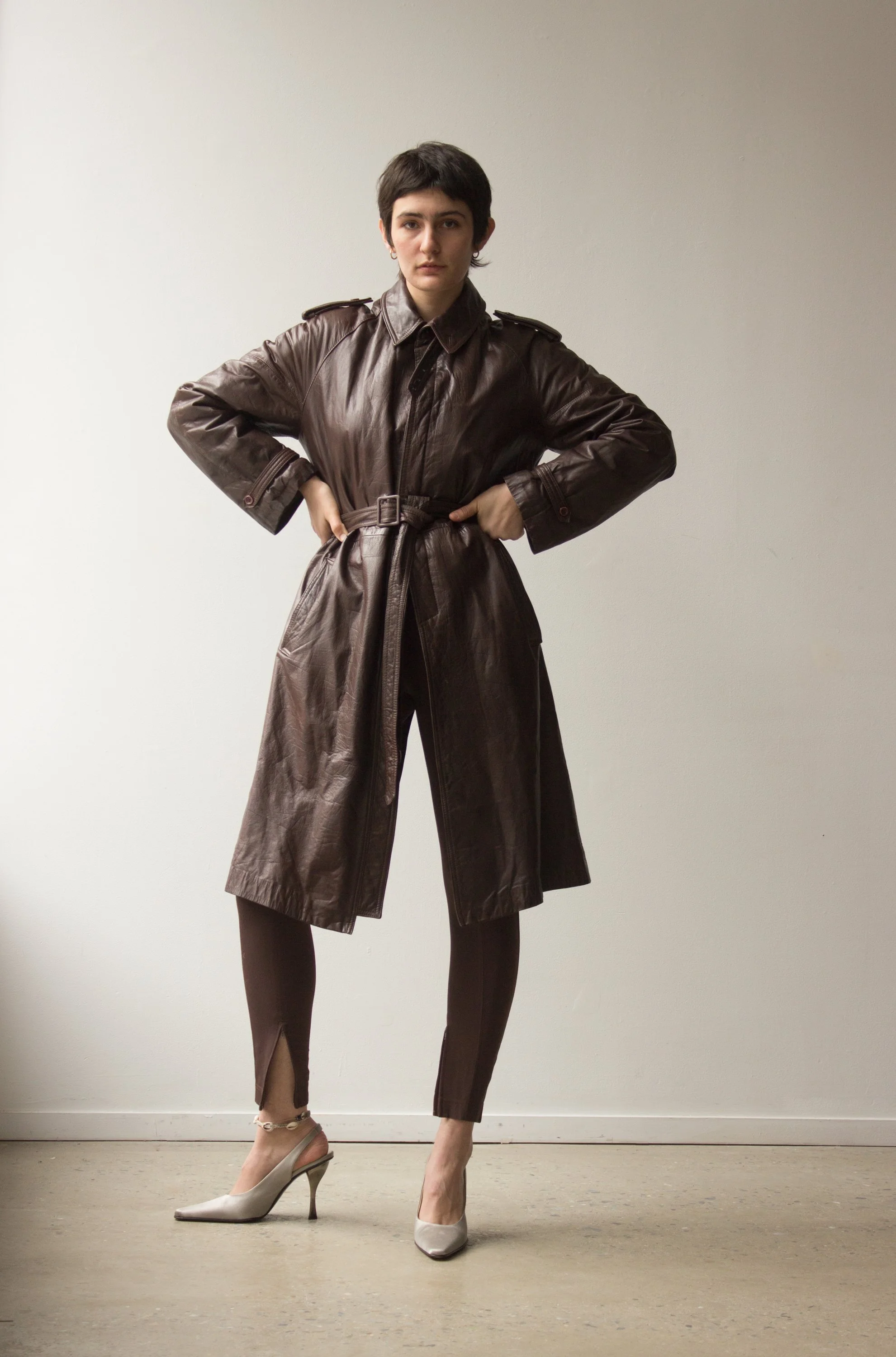 1980s Adolfo Chocolate Leather Trench Wayward Collection